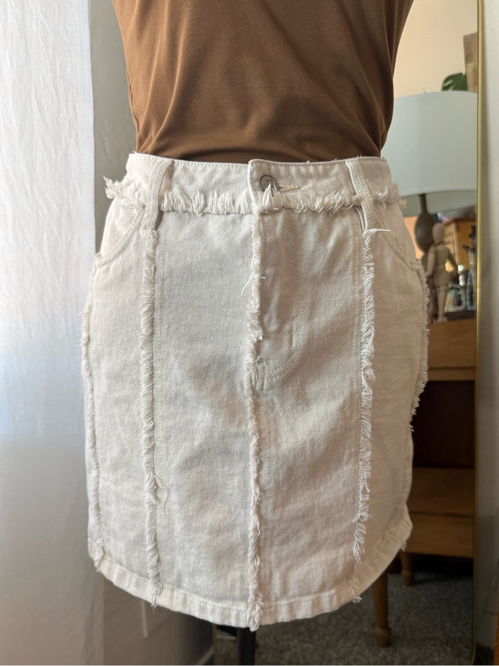 Vero Moda Cream Frayed-Panel Denim Mini Skirt